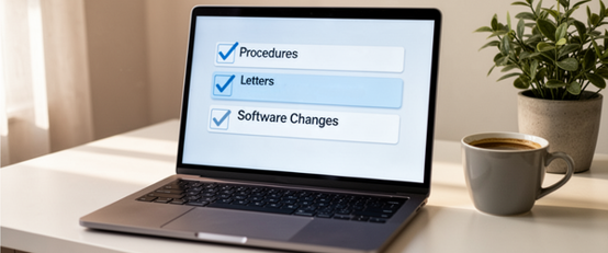 Laptop with checklist shown on screen on desk with coffee and desk plant on the right