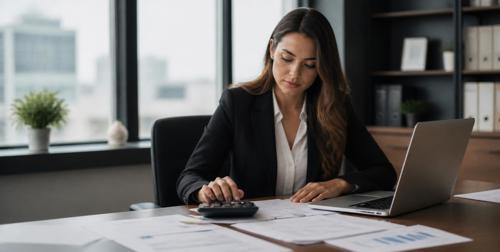 Woman at desk using calculator. Laptop open and paperwork scattered on desk.
