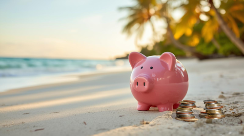 Pink piggy bank on a sandy beach with blue sea in the background